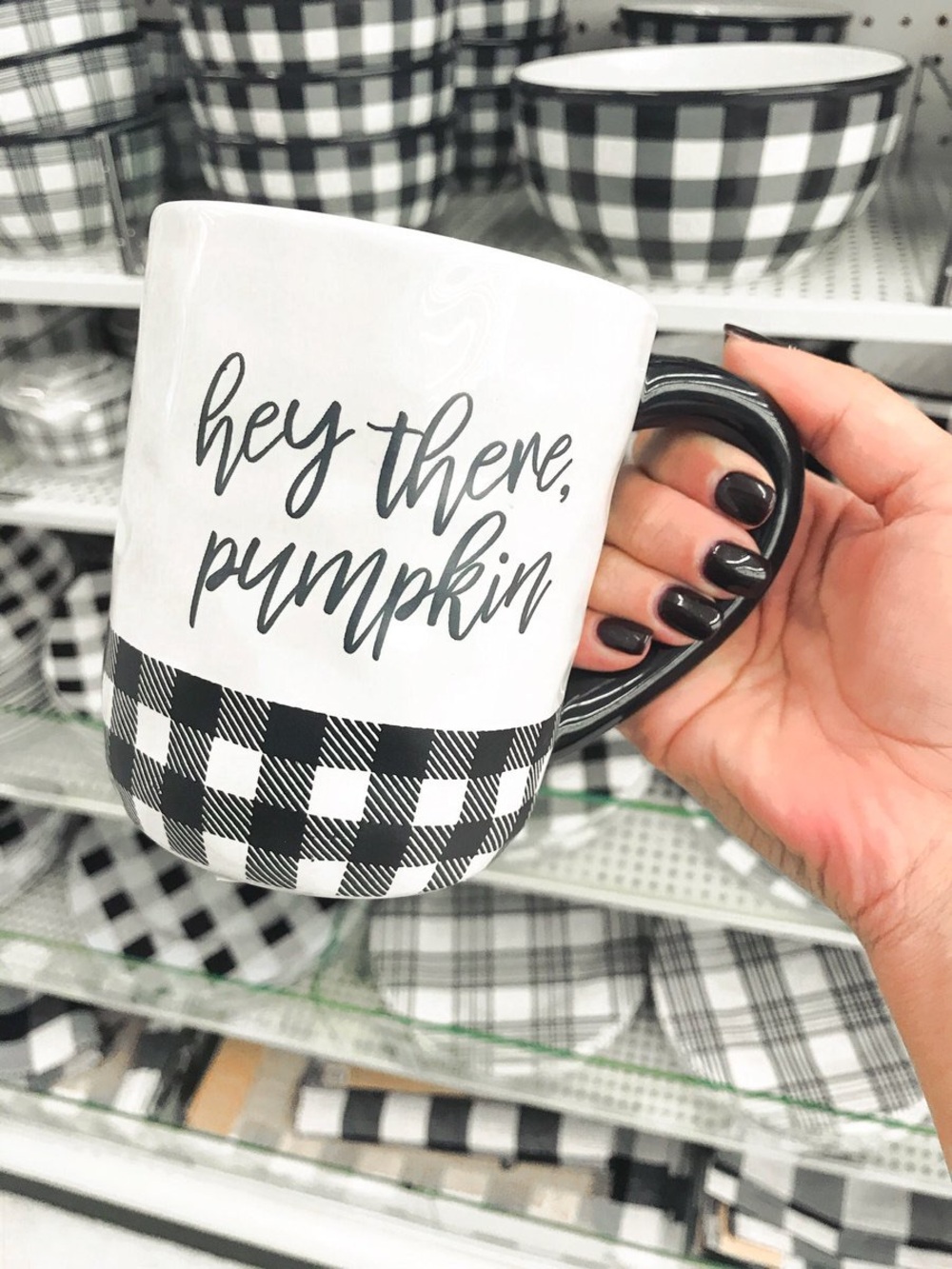 White Ceramic Mug with Black Buffalo Check and 'Hey There Pumpkin' Script